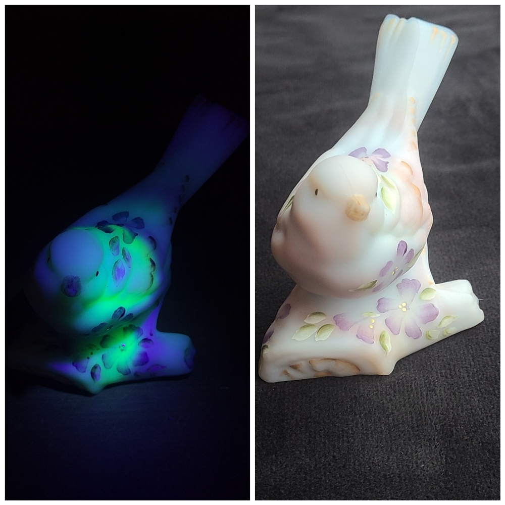 Fenton RARE blue/purple burmese bird on branch uranium glow